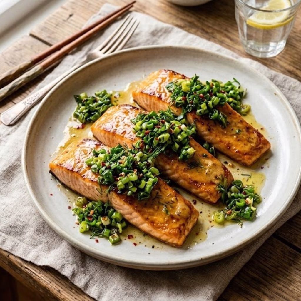Miso Butter Salmon with Sizzled Scallion Salsa Verde Recipe