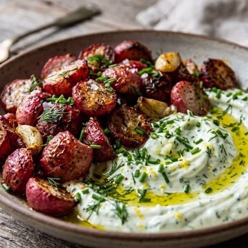 Crispy Roasted Radishes with Creamy Garlic Chive Yogurt Recipe