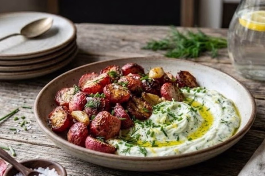 Crispy Roasted Radishes with Creamy Garlic Chive Yogurt 