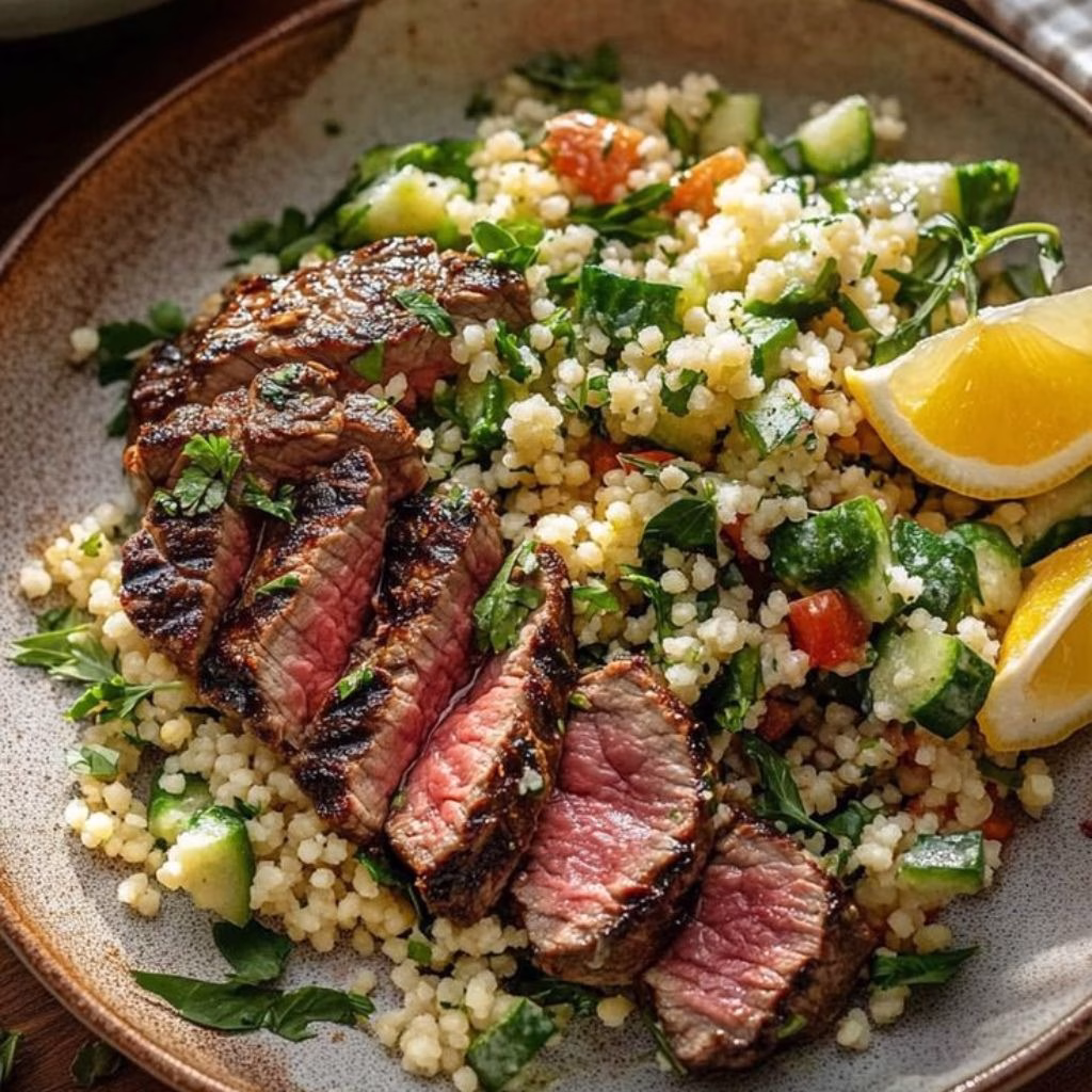 Grilled Skirt Steak with Lemon Herb Couscous Salad Recipe