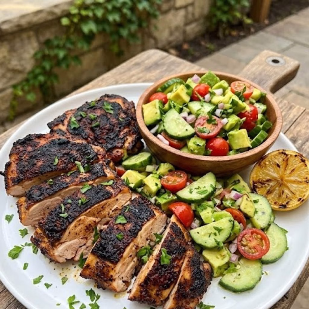 Blackened Grilled Chicken Thighs with Avocado Cucumber Salad Recipe