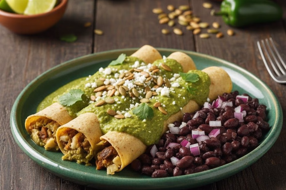 Poblano Pumpkin Seed Enchiladas with Black Beans Recipe