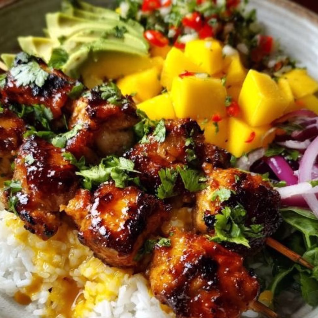 Grilled Maple Sriracha Chicken Bites with Coconut Rice & Mango Avocado Salsa Bowl with Chili Mayo Recipe