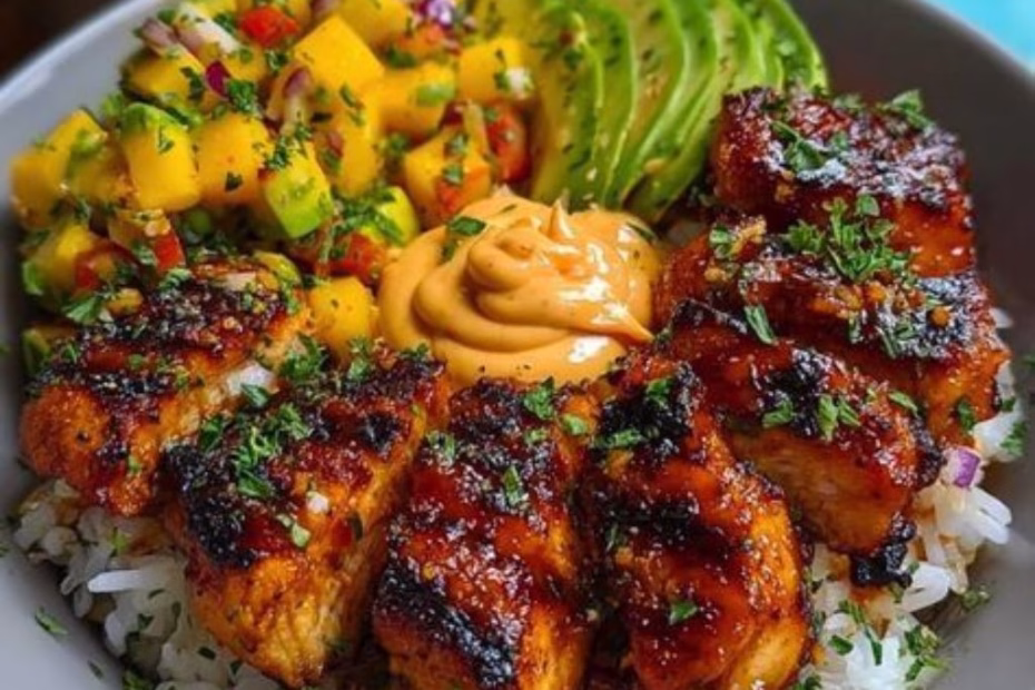 Grilled Maple Sriracha Chicken Bites with Coconut Rice & Mango Avocado Salsa Bowl with Chili Mayo Recipe