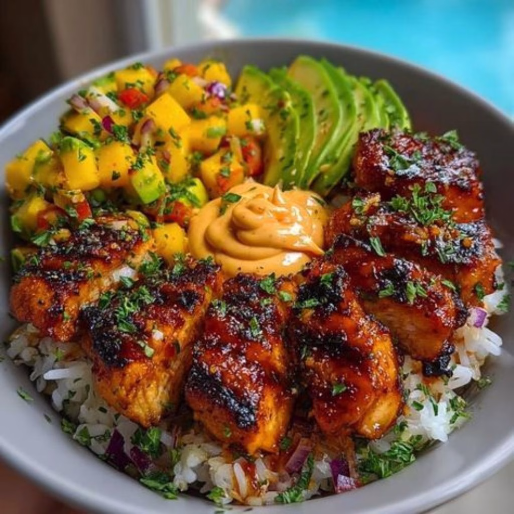 Grilled Maple Sriracha Chicken Bites with Coconut Rice & Mango Avocado Salsa Bowl with Chili Mayo Recipe