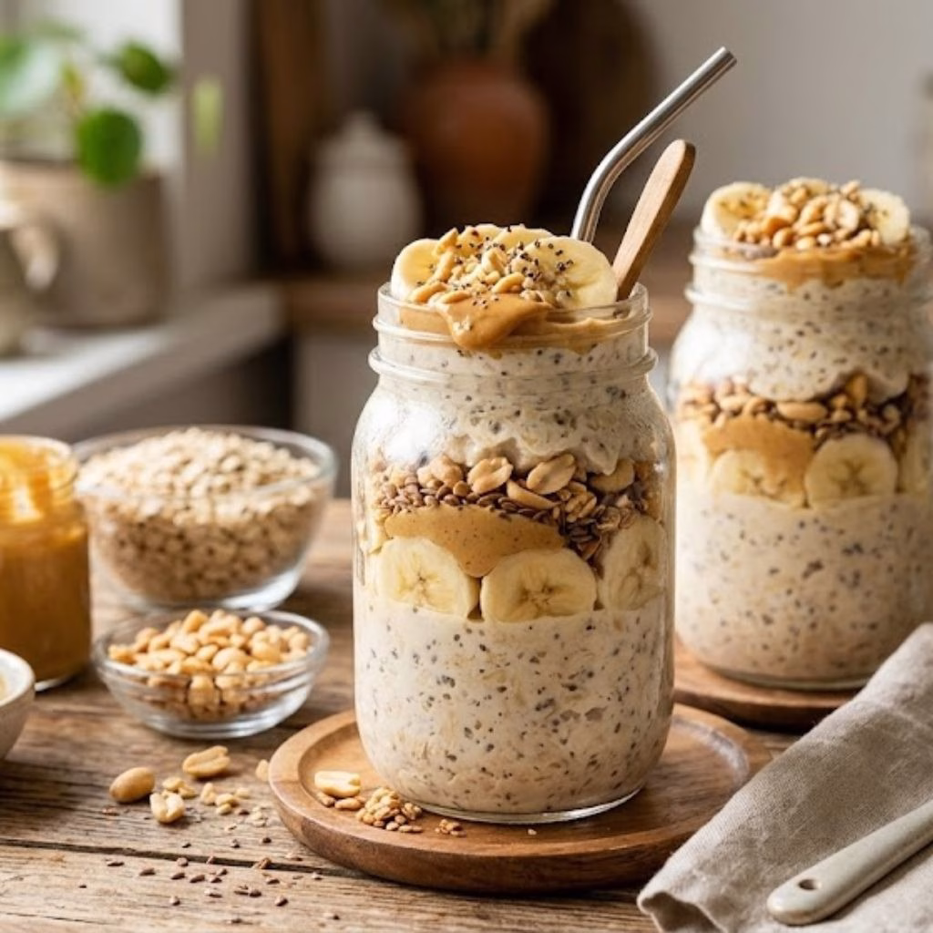 High Protein Peanut Butter Banana Overnight Oats Recipe