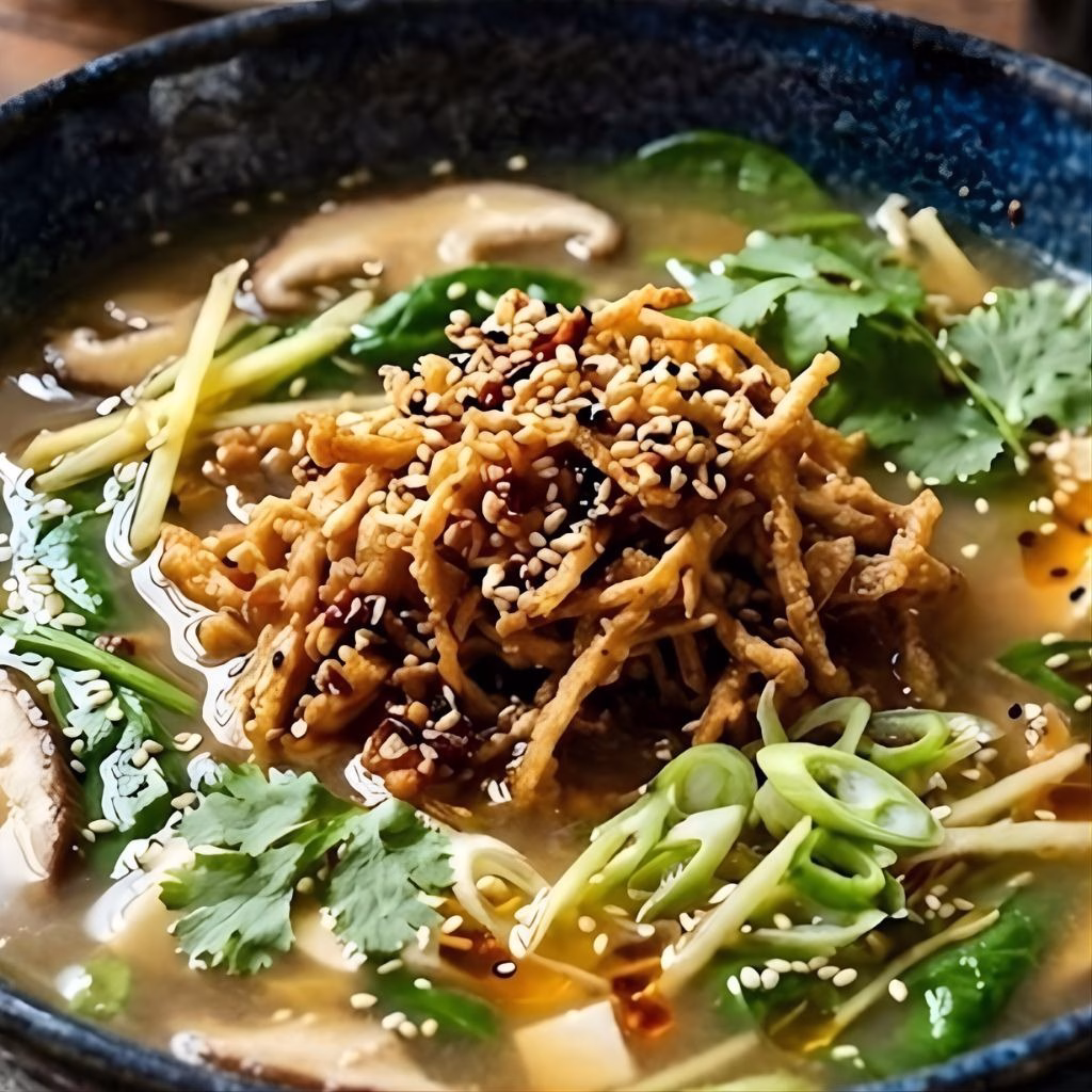 Ginger Miso Brothy Soup with Crispy Shredded Sesame Tofu Recipe