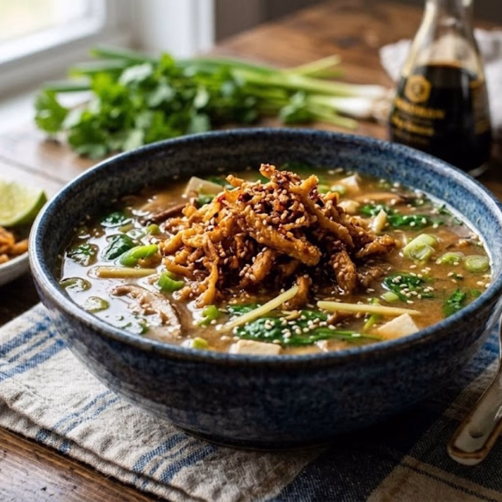 Ginger Miso Brothy Soup with Crispy Shredded Sesame Tofu Recipe