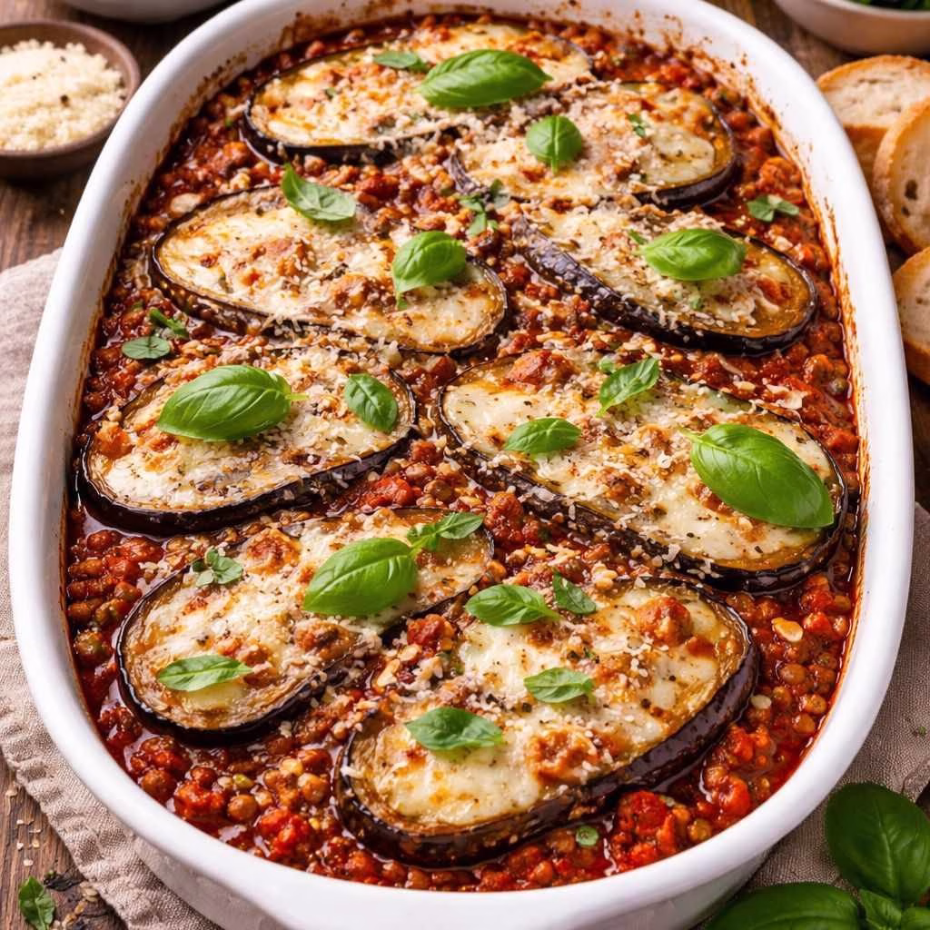 Easy Aubergine Lentil Parmigiana Recipe