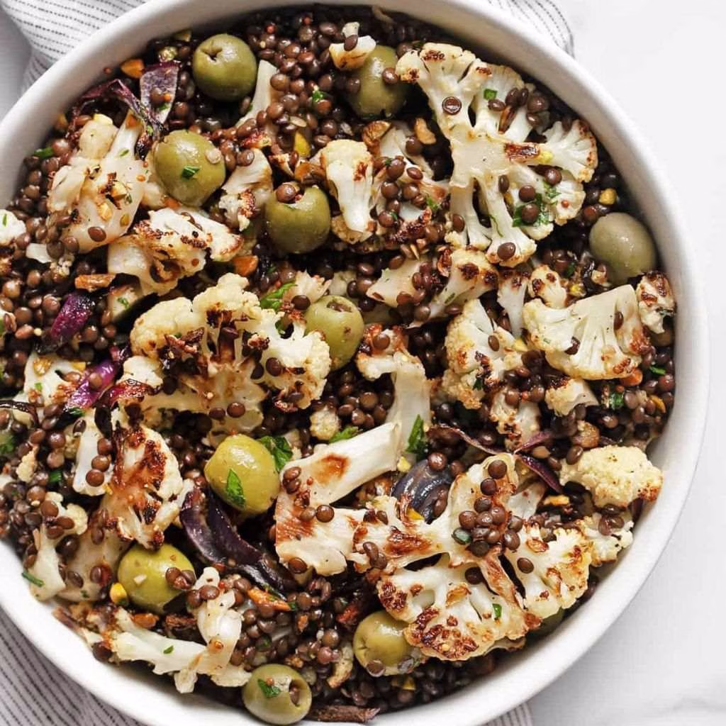 Roasted Cauliflower Olive Lentil Salad Recipe