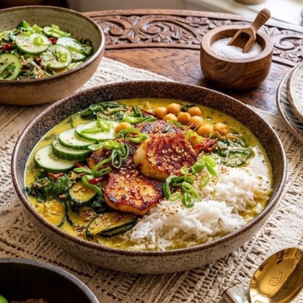 Golden Chickpea & Zucchini Coconut Curry with Halloumi and Spinach