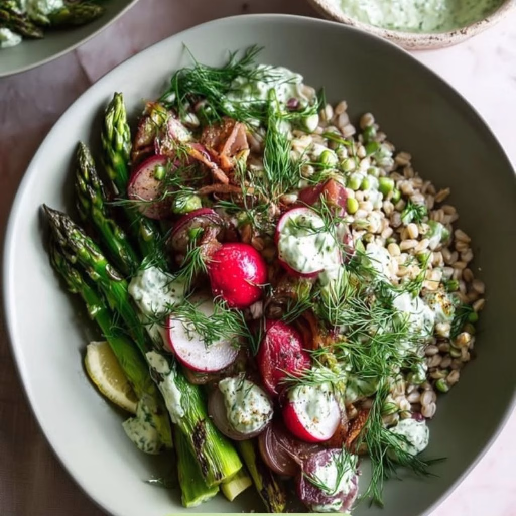 Spring Farro Bowl with Herb Yogurt Sauce Recipe