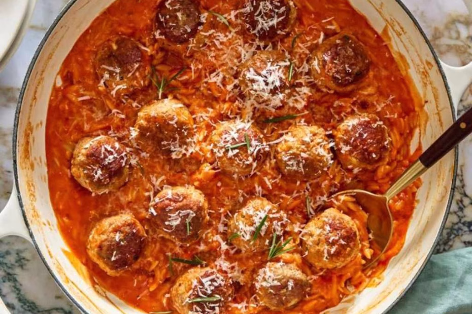 Baked Rosemary Chicken Meatballs with Tomato Orzo Recipe