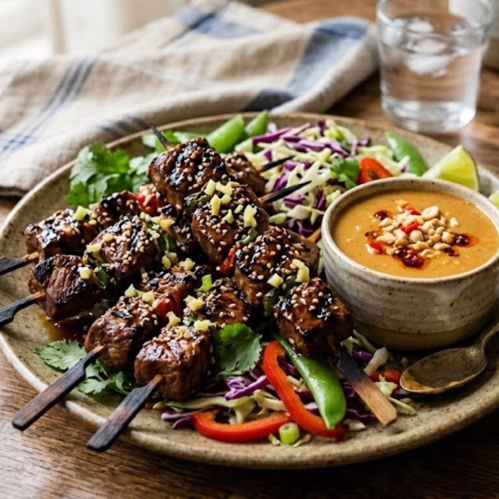 Sesame Ginger Steak Skewers with Peanut Sauce Recipe