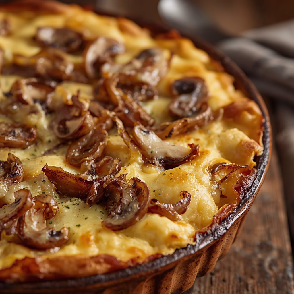 Creamy Potato And Brie Bake with Mushrooms & Caramelized Onions Recipe