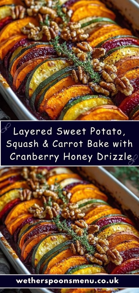 Layered Sweet Potato Squash & Carrot Bake with Cranberry-Honey Drizzle Recipe