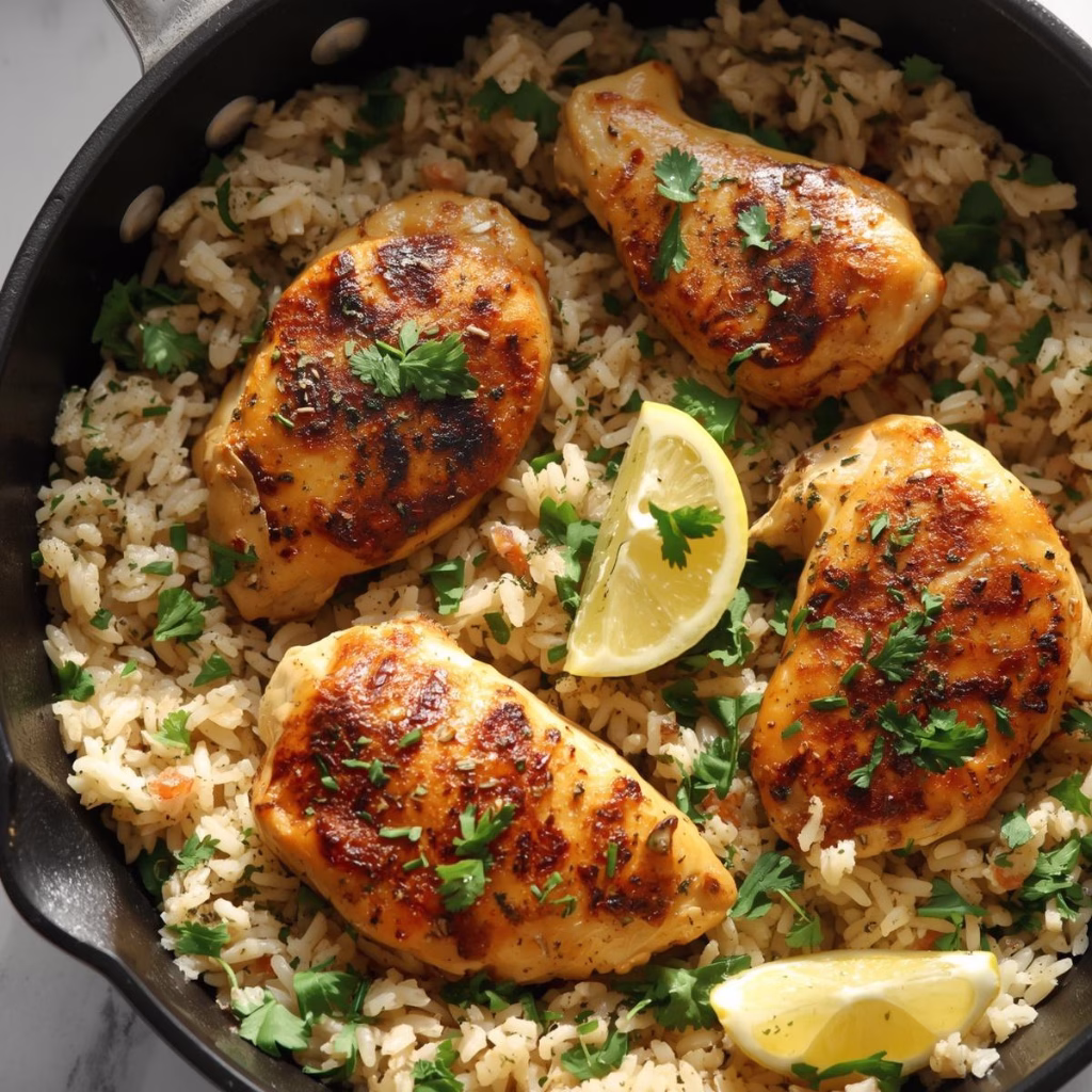 One Pan Greek Lemon Chicken and Rice Skillet Recipe