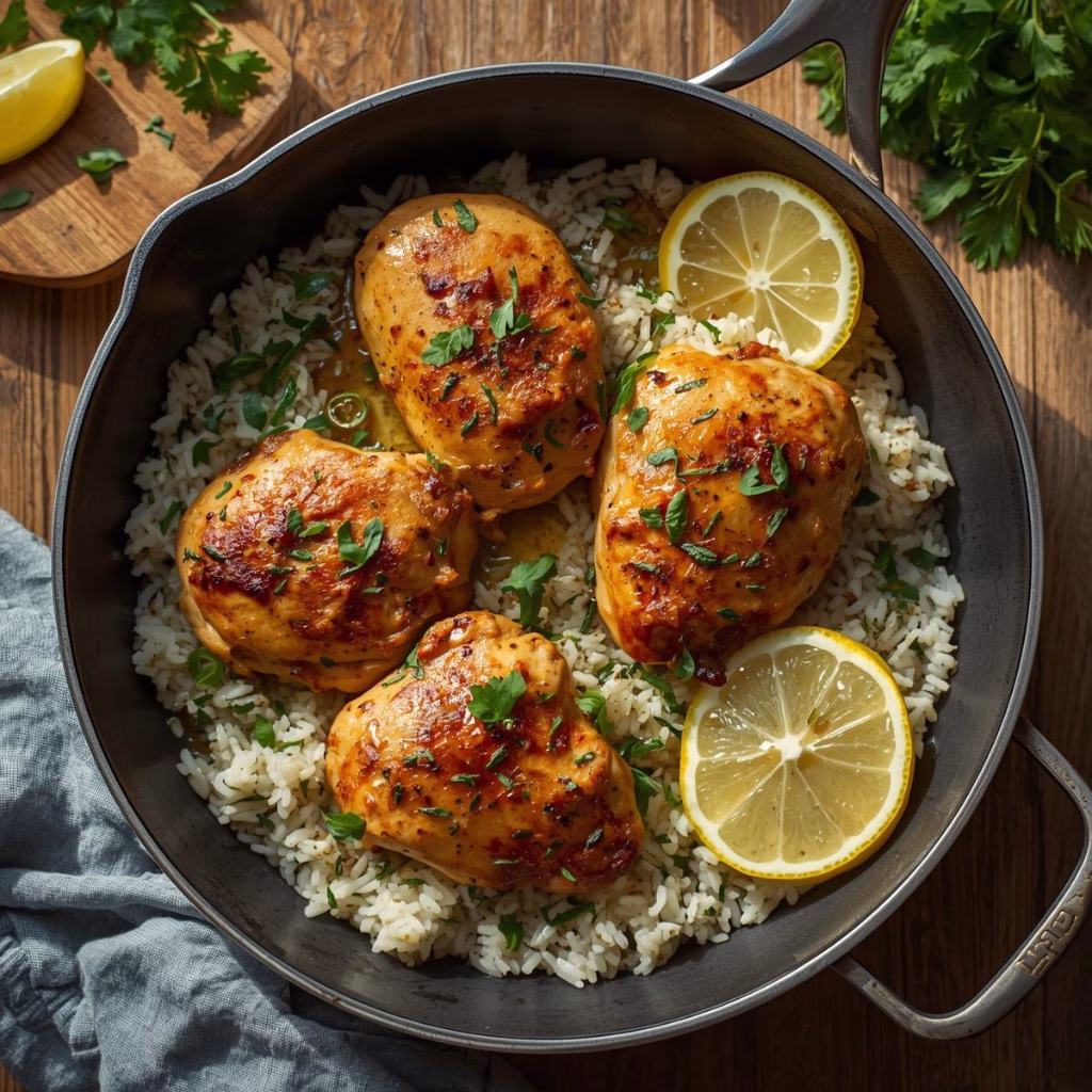 One Pan Greek Lemon Chicken and Rice Skillet Recipe