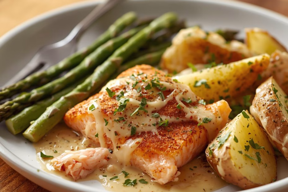 Spiced Salmon with Cheesy Asparagus & Garlic Herb Potatoes Recipe