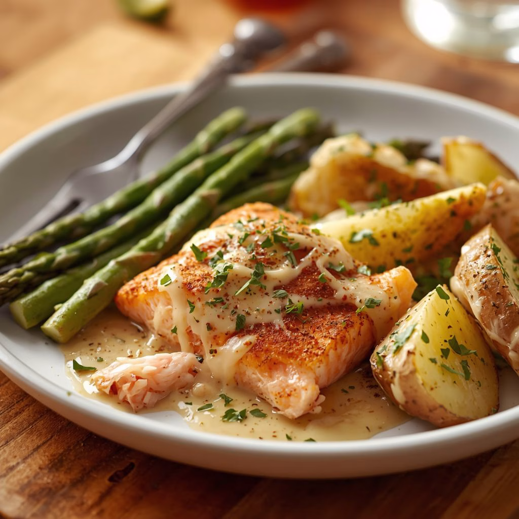 Spiced Salmon with Cheesy Asparagus & Garlic Herb Potatoes Recipe