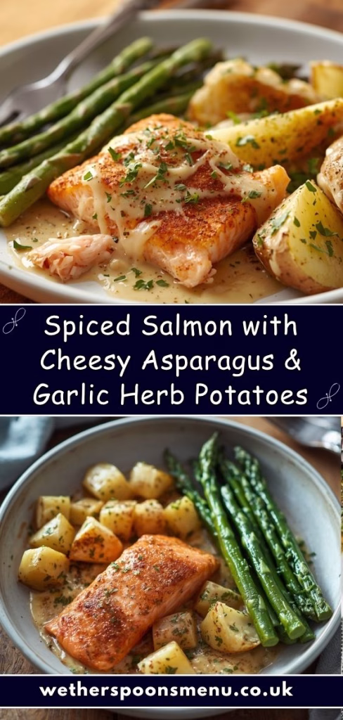 Spiced Salmon with Cheesy Asparagus & Garlic Herb Potatoes Recipe