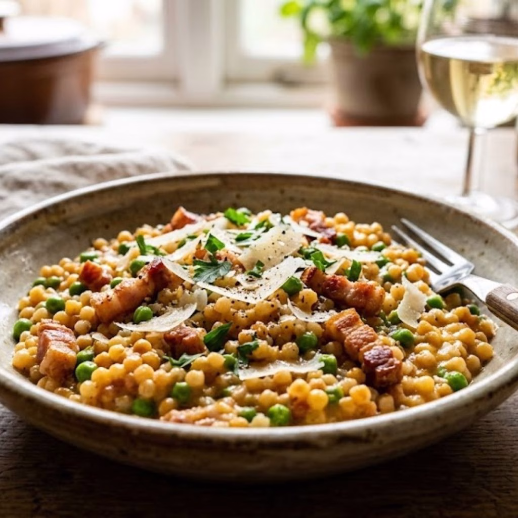 Fregola with Pancetta, Peas & Parmesan Recipe