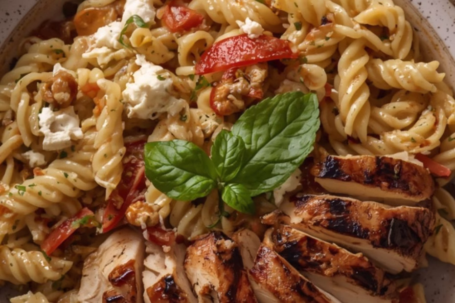 Baked Feta Tomato Pasta with Grilled Chicken Recipe