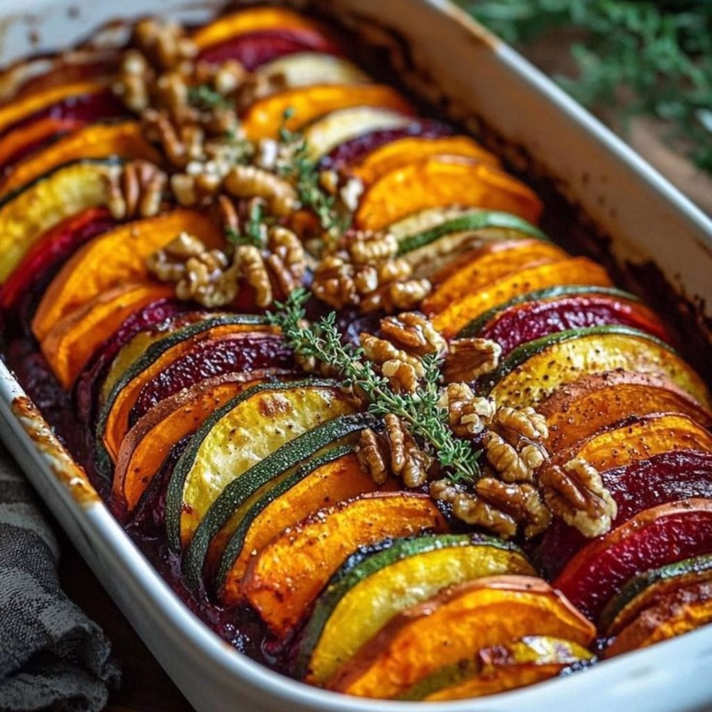 Layered Sweet Potato Squash & Carrot Bake with Cranberry-Honey Drizzle Recipe