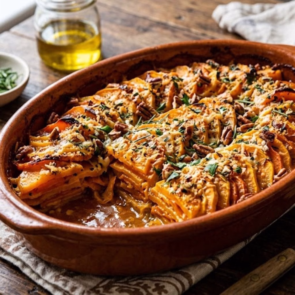 Layered Sweet Potato Squash & Carrot Bake with Cranberry-Honey Drizzle Recipe